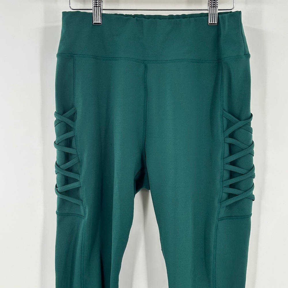 Pop Fit Green High Waisted Lattice Strappy Side Pocket Leggings XL Yoga Pants